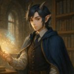 日本の受け入れ制度を静かに見つめるアルジが、書架の前で構造図を手に立つアイキャッチ