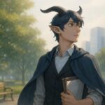 朝の都市公園で書類を持つアルジ（獣人青年）の横顔。理知的な表情と柔らかな光が印象的