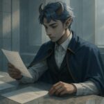 現代的なワークスペースで書類を吟味するアルジ。理性的に選択を下す青年獣人の静かな決断