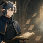 A structured scene of a goat-horned humanoid standing beside floating scrolls and glowing diagrams in a grand library.（書架の中で浮遊文書や光の図式に囲まれ佇むヤギ角の青年）