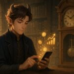 Humanoid character using smartphone at a desk, with golden graph icons and a tall antique clock in the background.