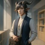 構造都市に佇むアーキビスト風の青年、群青グレージュのジレと白のハイネックが印象的な知的スタイル