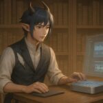 A semi-realistic illustration of Aruji, a goat-horned scholar, editing video using a Mac mini-inspired device in a warm, book-lined study, wearing a casual alchemist-style outfit.（私室で動画編集に集中するアルジの私服姿）