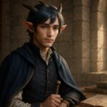 情報空間の中で問いを見つめる青年・アルジの獣人ビジュアル。静かな図書空間に佇み、金茶色の眼差しで構造を見つめる姿。