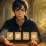 副業に迷う人への選び方ガイドを示すアルジ｜Aruji guiding side job choices with symbolic cards (blog, illustration, video, reselling) in a sunlit library