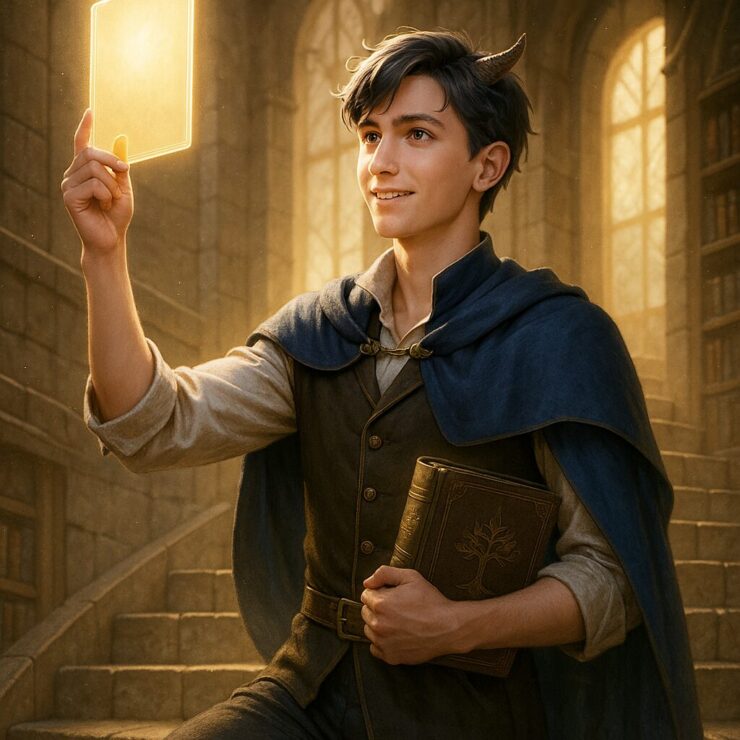 FP3級合格を象徴し証書を掲げるアルジの横長イラスト｜Aruji raising a glowing FP3 certificate on stone stairs with golden light streaming through a library window