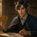 クレジットカードを手にした青年が図書館で情報設計を考える姿（アルジ） / A young scholar holding credit cards and analyzing data at a desk in a sunlit library (Aruji character)