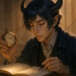 角のある青年が懐中時計を手に、ノートに資産形成の時間軸を記す姿（アルジ） / A young scholar with goat-like horns (Aruji) holds a pocket watch and writes a glowing investment timeline into a notebook in a golden-lit library