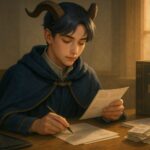 税知識を学ぶ青年が光差す書斎で税関連書類に向き合う姿（A young man with goat horns studying tax documents at a wooden desk in a sunlit study）
