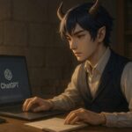 ChatGPTの画面を前に、真剣に副業作業を進める青年アルジの横顔（石造りの書斎にて） / A focused young man with goat-like horns works on a laptop displaying the ChatGPT interface, seated at a wooden desk in a stone-walled study.