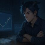 仮想通貨チャートを冷静に見つめる青年アルジの肖像（石造りの書斎にて） / A composed young man with goat-like horns analyzes cryptocurrency charts in a stone-walled study, illuminated by blue screen light.