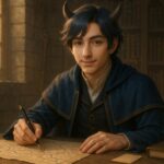 アルジが副業マップを指し示している図書館シーン（知的な青年と地図） A young scholar Aruji pointing at a side hustle map in a sunlit stone library