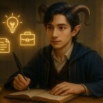 副業・起業・フリーランスの英語表現を解説するアルジ（秩序と知性を象徴する青年の肖像）／Aruji discussing side jobs and entrepreneurship in a golden-lit study