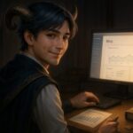 ブログ収益を達成し微笑む青年バフォメット（深夜の作業部屋にて）｜A young baphomet smiling with pride after reaching blog income milestone, in a night-lit workspace