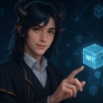 ホログラムのNFTスクリーンを操作する青年バフォメットの幻想的な姿｜A young baphomet manipulating a holographic NFT interface with geometric light patterns