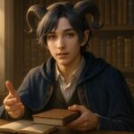 本を閉じ、語りかけるように微笑む青年アルジの読書風景（A young man named Aruji closing a book with a soft gaze, ready to share his thoughts）