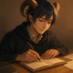 知性と静けさを纏う若き男性キャラ・アルジが、日記を見返しながらペンを走らせる構図。 机上には通帳・感情記録・折れ線グラフが並び、感情と金銭感覚の交差点を象徴。 視線・頬・鎖骨・指先に火種が宿り、暖色のリムライトが日記を照らす詩的演出。 構図は黄金螺旋（eyes→diary→pen tip→clavicle）に沿った静的バランス設計。