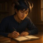 書斎の机で古い投資本と新しいノートを並べ、静かにメモを取るアルジ。窓から差す午後の柔らかな光が、彼の頬と手元を優しく照らし、“今からでも遅くない”という思索がにじむ構図。