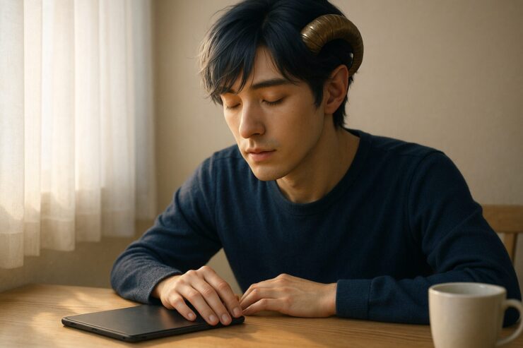 レースカーテンから柔らかな光が差し込む部屋で、黒いタブレットをそっと閉じ、目を閉じて静かに深呼吸するアルジ。机の上にはマグカップと閉じた端末、群青の服と金縁の角が、情報から距離を取る優しさと回復の静けさを象徴している。