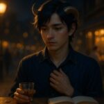 同窓会の帰り道、夜の街を一人歩くアルジ。金縁の角と群青の衣装が街灯の光にやわらかく照らされ、視線は伏し目がち。背景にはぼんやりと賑やかな灯りと人影がにじむ中、自身の内側と向き合おうとする静かな姿が描かれている。