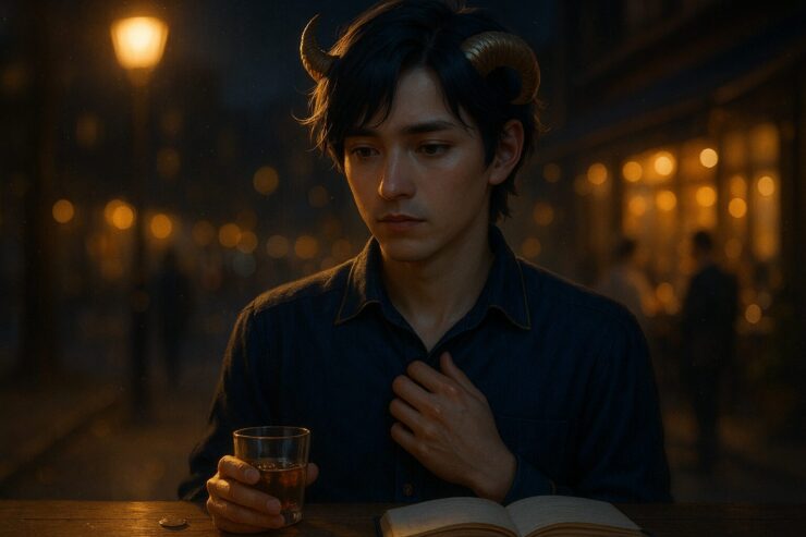 同窓会の帰り道、夜の街を一人歩くアルジ。金縁の角と群青の衣装が街灯の光にやわらかく照らされ、視線は伏し目がち。背景にはぼんやりと賑やかな灯りと人影がにじむ中、自身の内側と向き合おうとする静かな姿が描かれている。