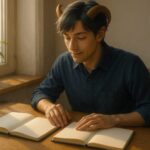 朝の斜光が差し込む窓辺の書斎で、2冊のノートを前に思索するアルジ。群青の服に身を包み、やや落ち着いた印象の顔つきで、指先は一冊に触れ、もう一冊を静かに見つめる。未来を選び取ろうとする大人のまなざしが、静かな決意を帯びて漂う構図。