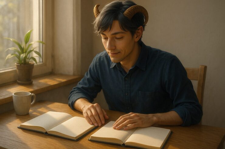 朝の斜光が差し込む窓辺の書斎で、2冊のノートを前に思索するアルジ。群青の服に身を包み、やや落ち着いた印象の顔つきで、指先は一冊に触れ、もう一冊を静かに見つめる。未来を選び取ろうとする大人のまなざしが、静かな決意を帯びて漂う構図。