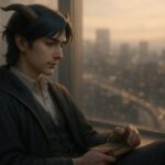 高層ビルの窓辺で、静かに街を見下ろすアルジ。膝上には一冊の本、火種のような思索がその瞳に宿っている。 Aruji gazes out over the city from a high-rise lounge, his calm eyes reflecting the quiet weight of indecision. A small book rests on his lap.