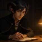 夜の図書館で、手帳にペンを走らせるアルジ。あたたかな光の中、行動の直前にある“静かな火種”が、瞳と指先に灯っている。 Aruji writes quietly in his notebook under a warm lamp in a nighttime library. His eyes and fingers hold a still, steady fire—the moment before action begins.