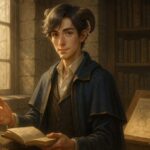 窓辺の図書室で書を開きながら、副業設計の地図を静かに指し示す若き知性体アルジの姿（知的で穏やかな雰囲気／金縁クロークと書物が調和） A young male scholar named Aruji gently pointing at a map in a sunlit stone library, symbolizing structure, calm knowledge, and fail-proof design for beginners.