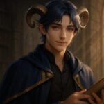 秩序と知性を宿した青年アルジ。石造りの書庫で静かに微笑み、柔らかな光と浮遊粒子に包まれた横長アイキャッチ。黄金螺旋構図と頬の淡い火種が印象的なセミリア調の表現。 A calm and intelligent young scholar Aruji standing in a stone library, softly lit with floating dust. A horizontal hero image featuring a golden-spiral composition, subtle cheek glow, and a serene gaze in a semi-realistic style.