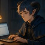 パソコンで家計簿を入力する若い男性キャラクターが 夜の机で静かに作業しているシーン 暖かいデスクライトとノートPCの光に照らされたアルジが 落ち着いた表情で家計管理をしている横長イラスト A calm young male character Aruji working on a household budget on his laptop at night sitting at a wooden desk lit by a warm desk lamp with a focused and peaceful expression in a wide horizontal illustration