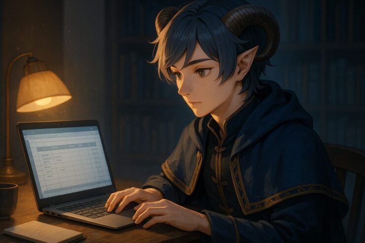 パソコンで家計簿を入力する若い男性キャラクターが 夜の机で静かに作業しているシーン 暖かいデスクライトとノートPCの光に照らされたアルジが 落ち着いた表情で家計管理をしている横長イラスト A calm young male character Aruji working on a household budget on his laptop at night sitting at a wooden desk lit by a warm desk lamp with a focused and peaceful expression in a wide horizontal illustration