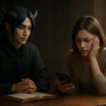 お金に悩む表情の若い男女が机に向かい、ノートと電卓を前に静かに考え込んでいる横長構図の写真。生活費や将来への不安を抱えながら整理しようとする場面を切り取ったイメージ。 A horizontal image of a young man and woman looking troubled about money, sitting at a desk with a notebook and calculator, quietly thinking about their expenses and future concerns.