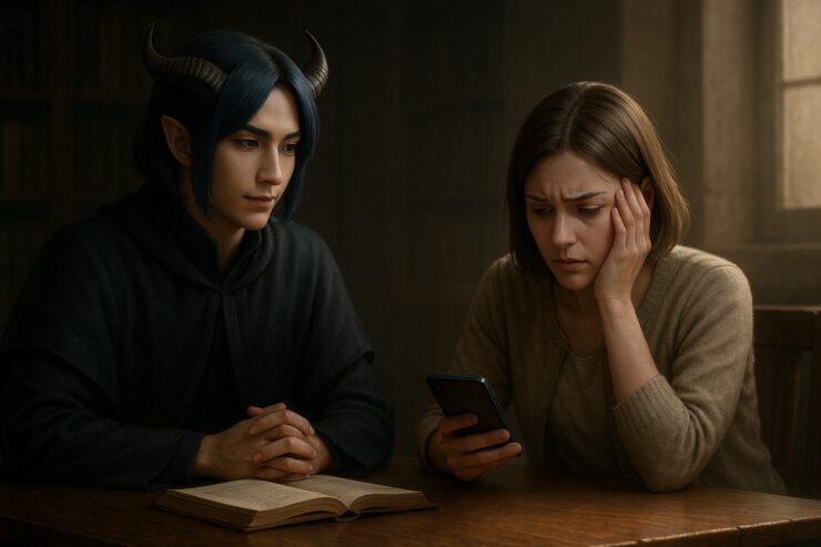 お金に悩む表情の若い男女が机に向かい、ノートと電卓を前に静かに考え込んでいる横長構図の写真。生活費や将来への不安を抱えながら整理しようとする場面を切り取ったイメージ。 A horizontal image of a young man and woman looking troubled about money, sitting at a desk with a notebook and calculator, quietly thinking about their expenses and future concerns.