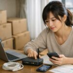 引っ越したばかりの部屋でWi-Fiルーターをセットアップしながら、ネットがつながるか不安そうに確認している20代後半の女性。段ボールに囲まれた新生活の始まりと、回線の空白期間を作りたくない気持ちが伝わるワンシーン。 A late-20s Japanese woman in her new apartment, sitting on the floor surrounded by moving boxes, checking a Wi-Fi router with a slightly worried expression, capturing the start of her new life and her wish to avoid any internet downtime.