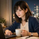 夜の部屋でノートパソコンとノートを前に、マグカップを手にしながら働き方やキャリアについて静かに考え込む若い女性の横長ポートレート。窓の外には高層ビルとクレーンの夜景がぼんやり光っている。 A young woman works late at her laptop with a notebook and a steaming mug, calmly rethinking her career and future of work while the city skyline and cranes glow softly outside the window in the night.