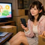 引越し比較のCMの曲が頭から離れずスマホを裏返してひと息つく二十代の日本人女性 Bペルソナ 横長ポートレート 引越しの荷造り途中のリビングで 少し疲れた表情とそれでも前を向こうとする雰囲気 A young Japanese woman in her mid twenties B persona sitting in her living room surrounded by moving boxes placing her smartphone face down on the table taking a quiet breath after too many moving quote commercials