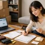 引越し後の新居で、住民票と運転免許証と銀行の住所変更書類をテーブルに並べて優先順位をメモしている女性の様子 / A young Japanese woman in her new apartment, quietly sorting resident record, driver’s license and bank address change papers on the table while writing down their priority order