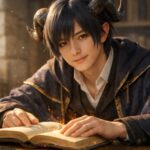 接客業のしんどさを静かに受け止めるアルジの横長ポートレート。群青の装いと角をまとい、図書館の柔らかな光の中で本に手を添え、やさしい視線でこちらを見る。 A calm horizontal portrait of Aruji in a library, resting his hands on an open book as warm light traces his horns, navy cloak, and thoughtful gaze.