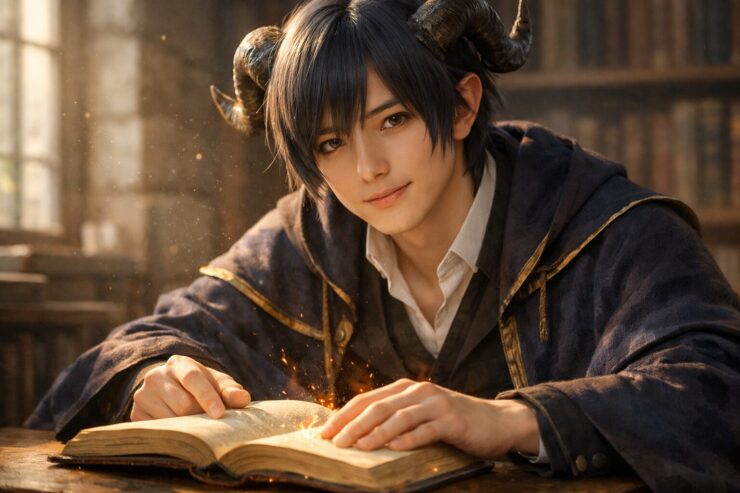 接客業のしんどさを静かに受け止めるアルジの横長ポートレート。群青の装いと角をまとい、図書館の柔らかな光の中で本に手を添え、やさしい視線でこちらを見る。 A calm horizontal portrait of Aruji in a library, resting his hands on an open book as warm light traces his horns, navy cloak, and thoughtful gaze.