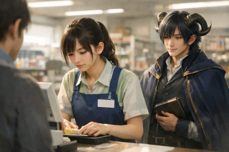 初バイトで緊張しながらレジ対応をする女性スタッフを、群青の装いと角を持つアルジが静かに見守る横長ポートレート。店内のやわらかな光の中で、不安と落ち着きが同時に伝わる。 A horizontal portrait of a nervous young service worker at a register, quietly supported by Aruji behind her, with soft store lighting, a calm gaze, navy clothing, and curved horns creating a feeling of order and reassurance.