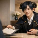 受付カウンターで書類を差し出しながら、やわらかな笑みで相手を案内するアルジの横長ポートレート。群青の装いと角、落ち着いた視線と手元の所作が、マニュアル接客でも冷たく見えない静かな感じよさを伝えている。 A horizontal portrait of Aruji at a reception counter, offering a document with a calm smile, navy-and-gold clothing, curved horns, and gentle service gestures that make scripted customer care feel warm and human.