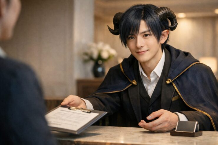 受付カウンターで書類を差し出しながら、やわらかな笑みで相手を案内するアルジの横長ポートレート。群青の装いと角、落ち着いた視線と手元の所作が、マニュアル接客でも冷たく見えない静かな感じよさを伝えている。 A horizontal portrait of Aruji at a reception counter, offering a document with a calm smile, navy-and-gold clothing, curved horns, and gentle service gestures that make scripted customer care feel warm and human.