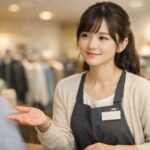 店内でお客様にやわらかく声をかける女性スタッフの横長ポートレート。エプロン姿で小さく手を開き、少し控えめな笑みと落ち着いた視線が、会話が得意でなくても安心感のある接客を静かに伝えている。 A horizontal portrait of a young female service worker in a shop, offering a gentle open-hand gesture and a soft smile that conveys calm, non-pushy customer service.