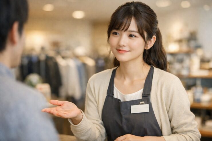 店内でお客様にやわらかく声をかける女性スタッフの横長ポートレート。エプロン姿で小さく手を開き、少し控えめな笑みと落ち着いた視線が、会話が得意でなくても安心感のある接客を静かに伝えている。 A horizontal portrait of a young female service worker in a shop, offering a gentle open-hand gesture and a soft smile that conveys calm, non-pushy customer service.