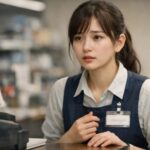 クレームを受けた直後、レジ前で言葉を選びながら立つ女性スタッフの横長ポートレート。白と紺の制服姿で、少し強ばった表情と手元の緊張が、理不尽なお客様対応の重さを静かに伝えている。 A horizontal portrait of a young service worker at the register just after receiving a complaint, her tense expression, careful posture, and restrained hands capturing the pressure of difficult customer service.