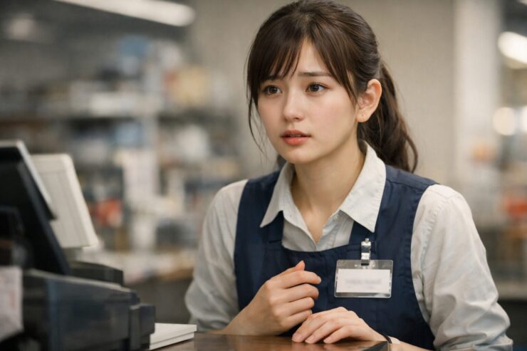 クレームを受けた直後、レジ前で言葉を選びながら立つ女性スタッフの横長ポートレート。白と紺の制服姿で、少し強ばった表情と手元の緊張が、理不尽なお客様対応の重さを静かに伝えている。 A horizontal portrait of a young service worker at the register just after receiving a complaint, her tense expression, careful posture, and restrained hands capturing the pressure of difficult customer service.