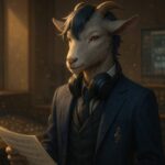 スーツ姿のヤギ獣人が音楽プロデューサーとして構える幻想的な音楽スタジオのイラスト