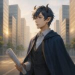 都市の朝、交差点で法人設計図を手に立つアルジ。静かに未来を見つめる青年獣人の横顔